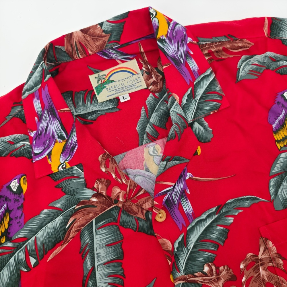 Paradise Found Mens Hawaiian Shirt L Red Parrot Palm Leaf Rayon Made in Hawaii